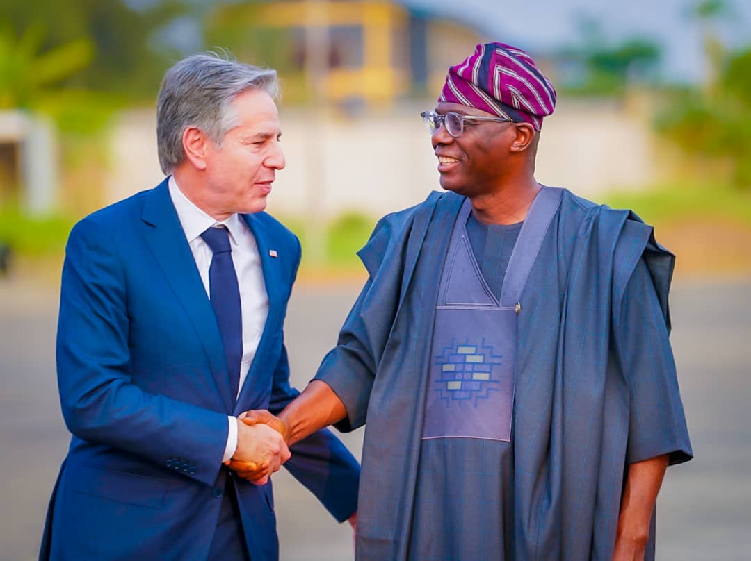 GOV. SANWO-OLU RECEIVES U.S SECRETARY OF STATE, MR. ANTHONY BLINKEN, AT THE PRESIDENTIAL WING, MURTALA MUHAMMED INTERNATIONAL AIRPORT, IKEJA